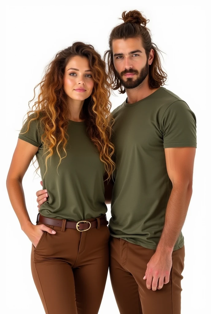 Illustration 2D sur fond blanc. Femme, cheveux longs bouclés châtain avec un dégradé blond, yeux noisettes, t-shirt vert militaire et pantalon d'équitation marron avec ceinture et boots marron.
Avec un homme mince, cheveux longs châtain attachés chignon en haut et cheveux du bas lâchés, yeux bleus, barbe d'une semaine, t-shirt vert militaire