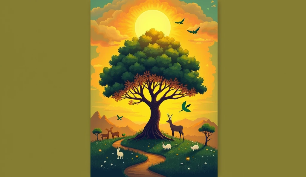A vibrant vector art wall painting in landscape orientation. The scene features a huge 3D-shaped 'Kalpa Vriksha' spreading widely but with small stem as the central focus, with the sun well above the tree, casting a warm glow. The surrounding area includes lush green grass and few small tress in the background with small animals like deer and white rabbits near the Kalpa Vriksha. The sky is a soft blue morning hue with a few cute birds and green parrots flying. The colors are vibrant and designed to match yellow color palletes.