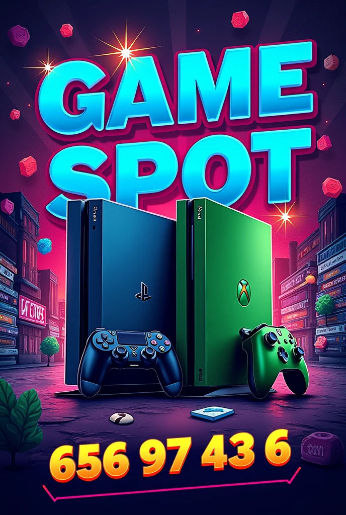Je voudrais vendre des jeux ps4 , ps5 et Xbox . Le nom de ma boutique sera "GAME SPOT" et le numéro de téléphone whatsapp à contacter pour acheter des jeux sera "656 97 43 63". A partir de ces informations , je voudrais que tu me generes une affiche attrayante de vente de jeux vidéos , l'image doit bien refleter des étuis de jeux ps4 et xbox aussi ,inclues aussi une identification visuelle de la marque Ps4 , et Xbox aussi , en incluant sur limage le nom de ma boutique et le numero de telephone whatsapp a contacter (656 97 43 63 )