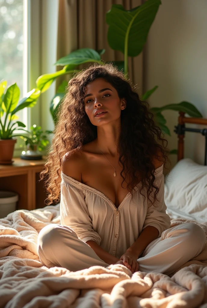 (photorealism:1.2), beautiful woman, sitting on bed, wearing loose off-shoulder top, pajama pants, long curly hair, indoors, soft lighting, plants in background, window with sunlight, cozy room, relaxed pose, realistic, intricate details, warm colors, by Greg Rutkowski, by Alphonse Mucha