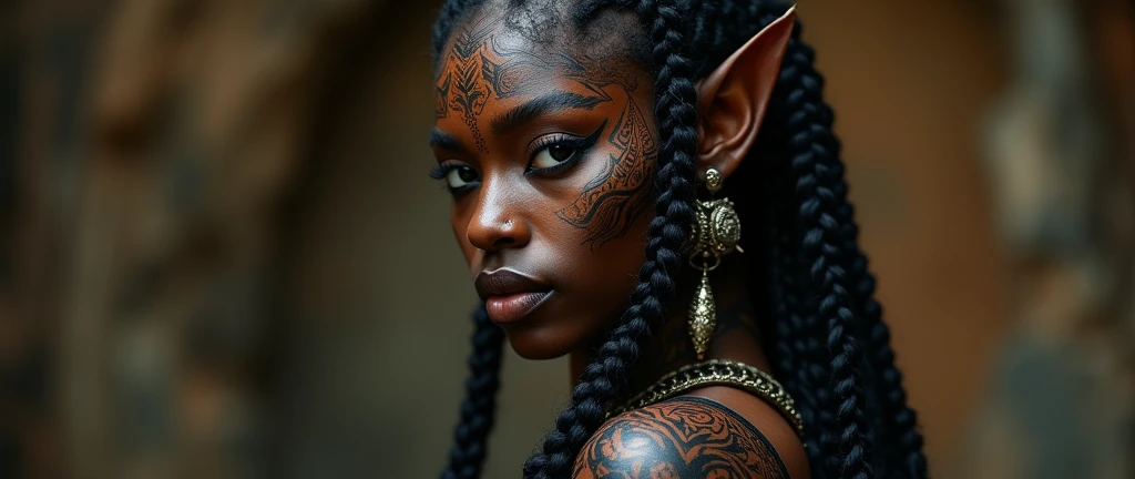 a pose of a beautiful woman with tattoos on her face and body, beautiful female android, tattooed face, dark elf, skin black, intricate braided hair, portrait in matte painting, photo by full body, glare eyes, she is dressed in shaman clothes, heavy make-up, pintura tribal, Celta, fractalpunk, cryptopunk, (attractive young man: 1,3) , (seducer:1,1), detalhamento, a lot of femininity, enticing, dazzling, cinematic lighting, dramatic lighting, warm color tones, dramatic colors, (best qualityer, 4K, 8k, high resolution, Masterpiece artwork: 1.2), (realisitic, foto realisitic 1,37), HDR, 16:9.