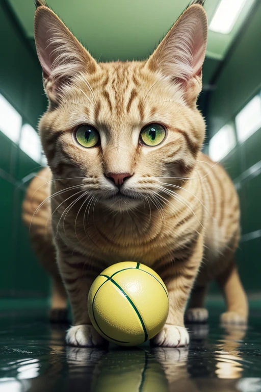 a yellow cat with green eyes playing ball, wide eyes, dilated pupils, hood, Futurism, bloom, reflection light, super detail, high quality