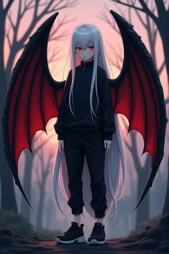 Kizuro is a young boy with a thin and slender body., 1,75 tall, Eyes red, pale skin, long white hair that reaches more than halfway down her back, with strands on each side of the head, with a fringe that covers one of his eyes, more precisely, the left eye. He wears a black long-sleeved, collared shirt., black sweatshirt, black sweatpants and black sneakers with dark gray soles. Kizuro has black bat wings with red interior on the sides and an extremely feminine face..