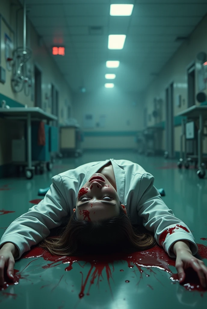 Female doctor lie on the floor dead and bleeding through her body and eyes