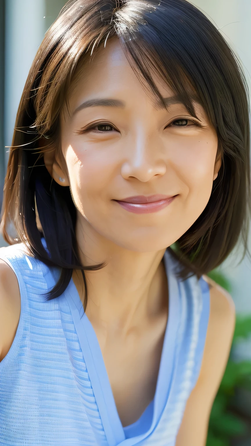 Browsing Caution, ((Highest quality)), ((8k)), ((masterpiece: 1.3)), (Perfect appearance), (Photorealism: 1.6), (Woman standing in a love hotel room), Japanese women, (40 years old), Married women, ((Realistic skin texture 1.8)), (Fine wrinkles appear all over the skin: 1.3), (Dullness: 1.1), (Unmoisturized skin: 1.2) , (Facial wrinkles: 0.9), (Wrinkles around the eyes: 1.2), double eyelid, Lower eyelid tear sulcus, (Crying Mole: 0.9), The eyes are looking here, Smile with your lips slightly open, (Dimples: 1.2), Short bob cut hair, (Plain sleeveless T-shirt), ((Close-up photo focusing on upper body)), Ordinary housewife、In the city、
