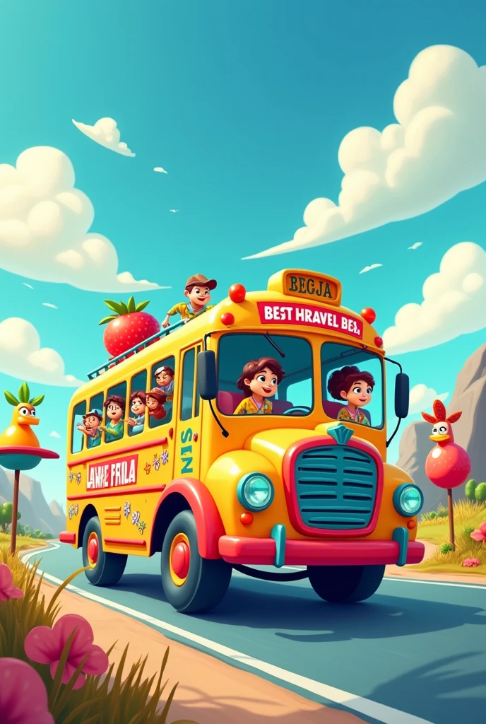create an image of a bus in a style more like a travel company, It can be in a funny style and in 2d drawing