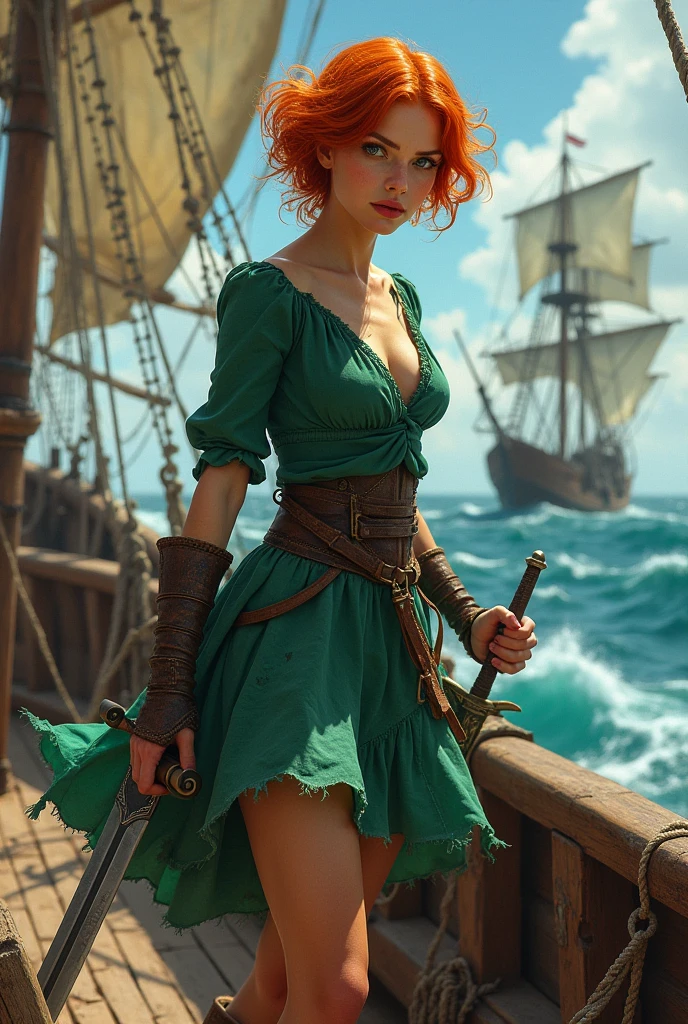 Penelope Featherington from the Bridgerton series, flustered with a sword in one hand and the other hand bleeding, A torn green dress, dirty and broken down to the legs. He has white skin and a bleeding hand, blue eyes, beautiful pink lips, chubby body and beautiful big breasts, short orange hair to the ears. She is on a pirate ship 