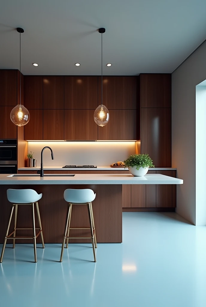 I want you to act as an architect and generate an image of a kitchen with gray walls, dark brown furniture and the floor is light blue 