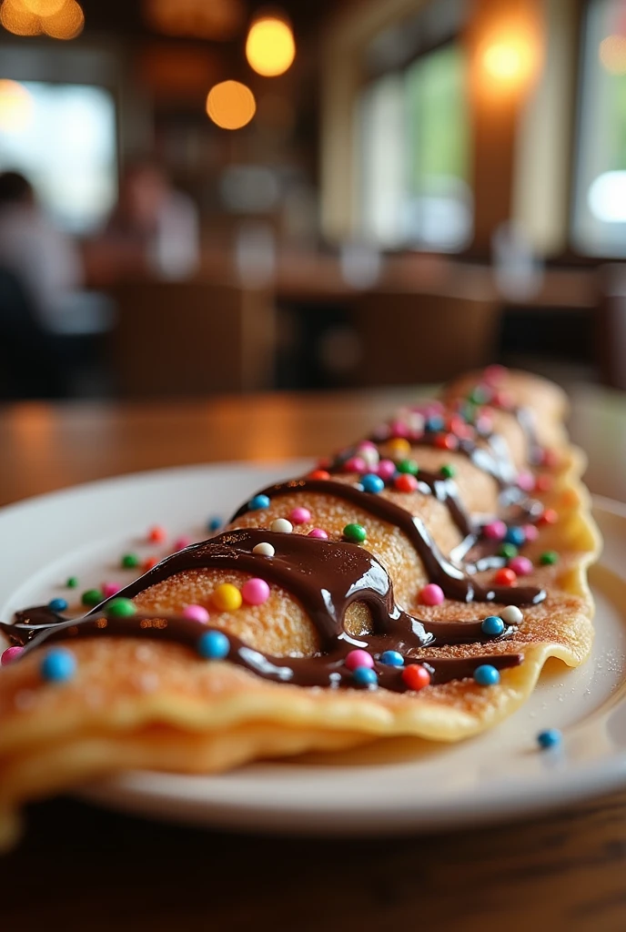 A crepe with chocolate sauce and colorful sprinkles