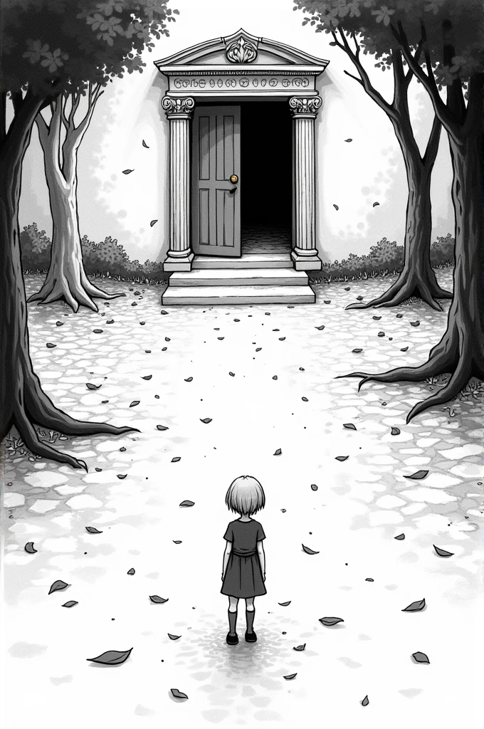 A black and white line drawing, wide shot (Wide shot):** Mint looked up at the door with hesitation.