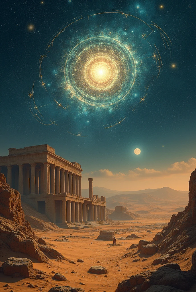 1. **Divine or Cosmic Oath:** Picture a celestial setting where ancient symbols and cosmic objects (like stars, constellations, or a radiant aura) convey a divine or cosmic oath.
2. **Ruins of 'Aad:** Imagine the desolate remains of the ancient civilization of 'Aad, with grand, now-ruined structures that hint at their once-great splendor.
3. **City of Iram:** Visualize the lost city of Iram, renowned for its towering columns and remarkable architecture, now obscured by shifting sands and time.
4. **Unmatched Marvel:** Craft a scene where a unique, unparalleled city or structure stands out as a marvel in the ancient world, showcasing its extraordinary and unmatched grandeur.
Incorporate these elements into a cohesive and atmospheric composition that highlights the themes of divine grandeur, ancient might, and the inevitable passage of time.