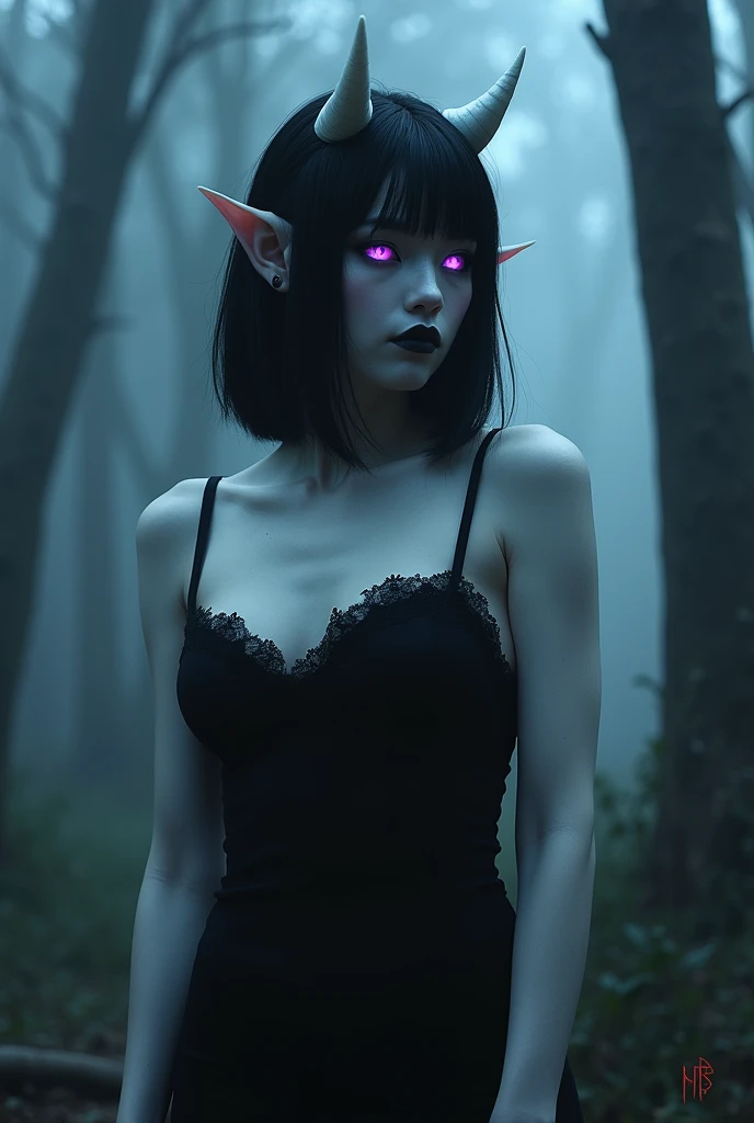 Young and beautiful demon woman, skin as white as paper, glowing purple eyes, black hair in an inverted bob, small white horns, big breasts, pointy ears, wearing a little black dress,  black eyeliner. In a haunted forest. Nsfw