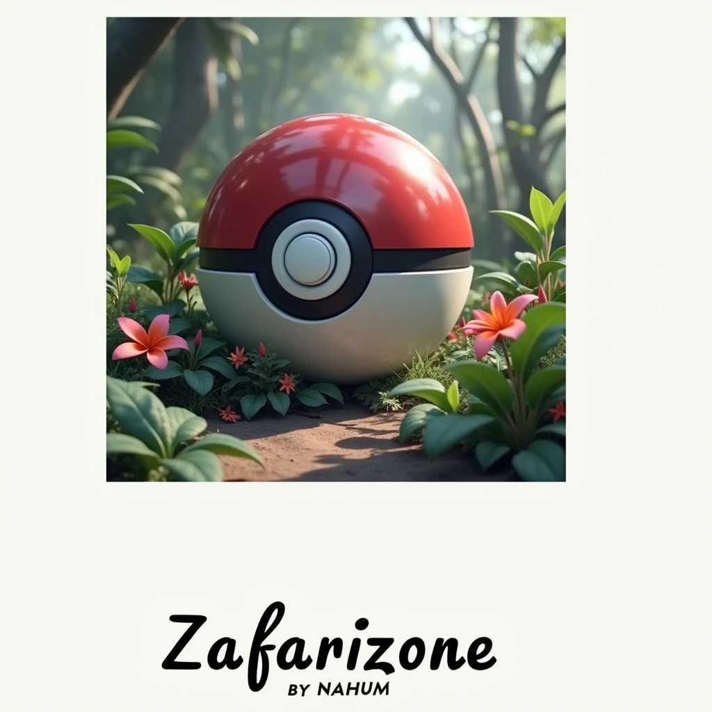 Create a pokeball and camera photography, the background should be a jungle and it should be high resolution, include the letters “zafarizone  by NahUM” dynamically, logo. 