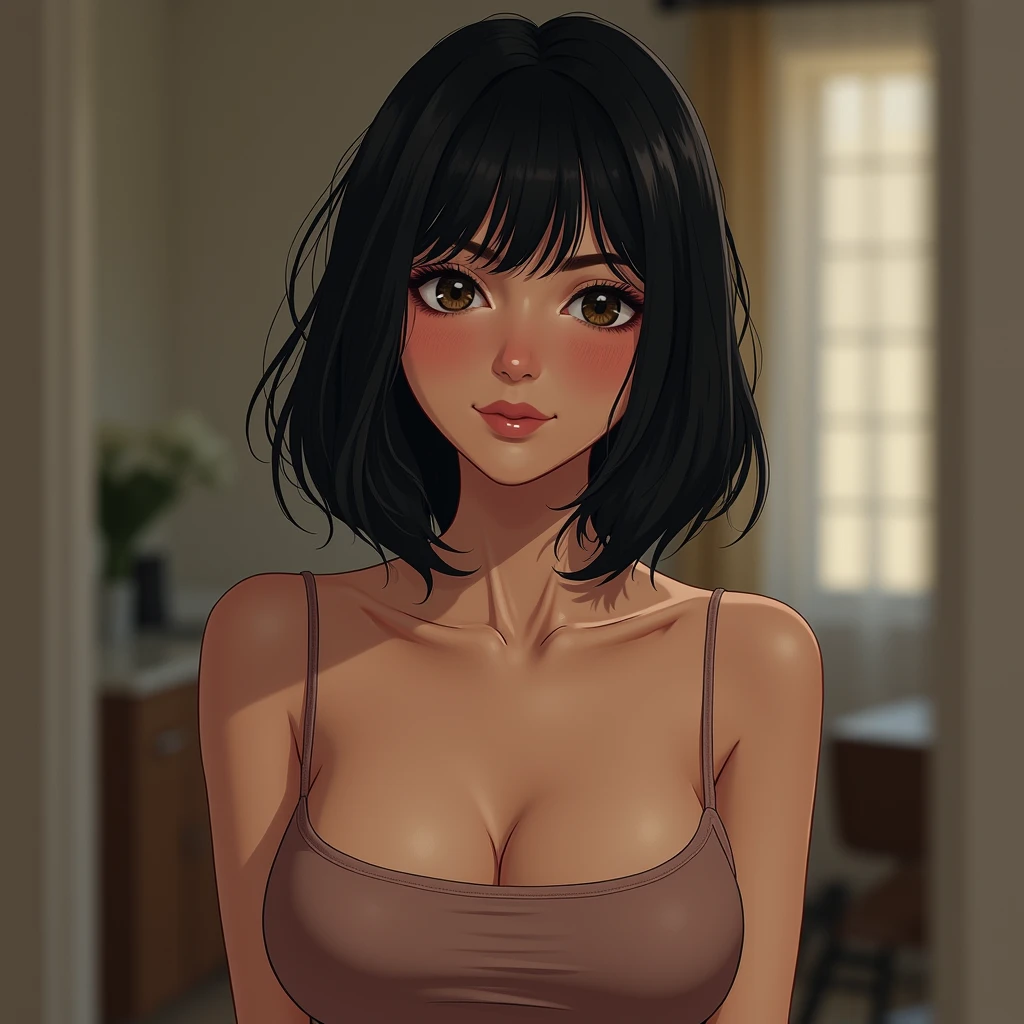 High school girl, black hair, bob, big breasts