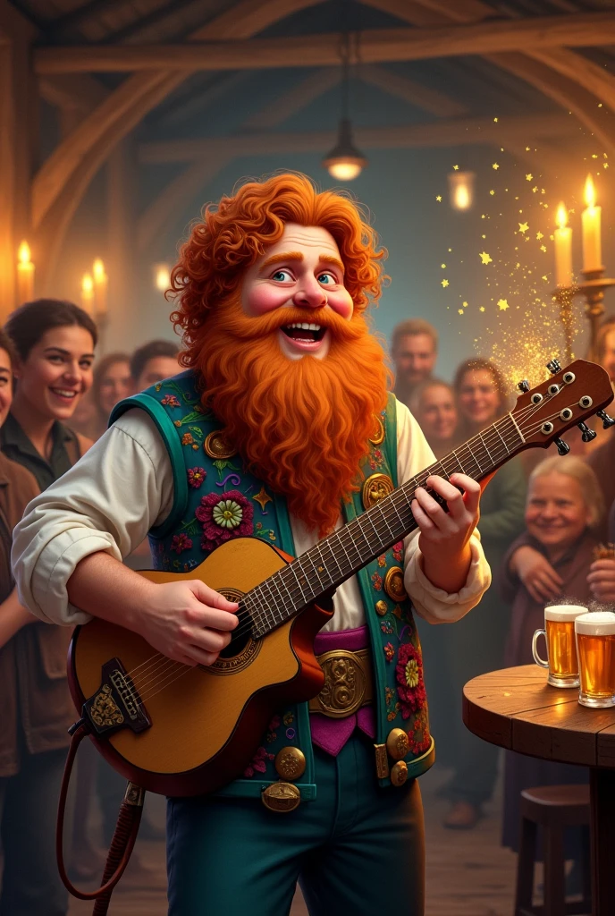 Crie um bardo de raça gnomo do d&d ,who is magically playing his lute while enjoying himself and making jokes