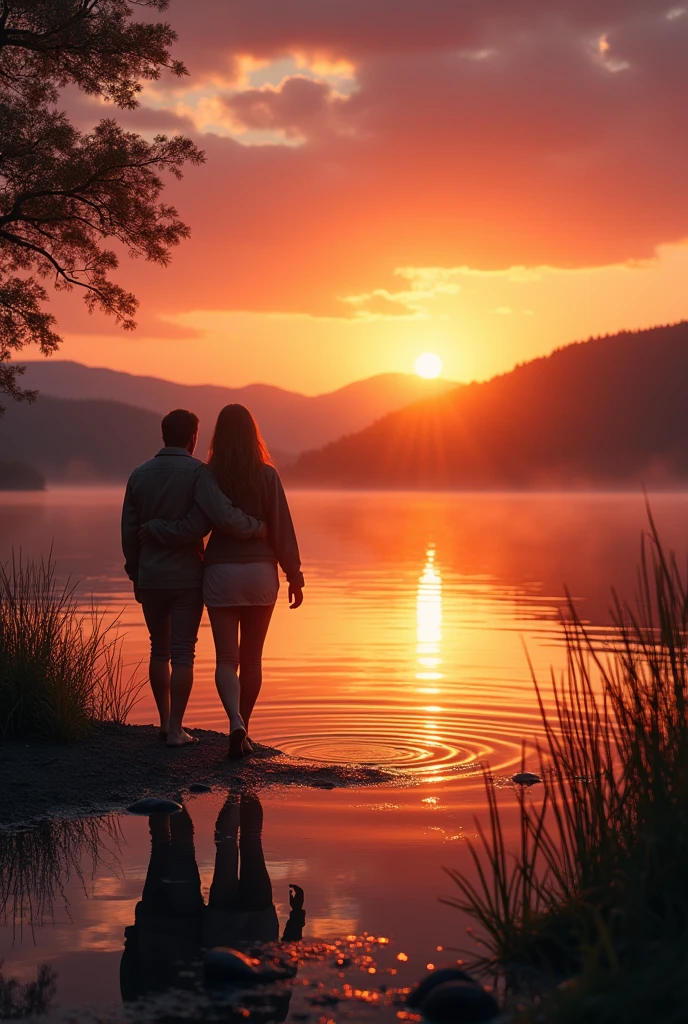 (photorealism:1.2), couple, arm in arm, sunset, lake, sun in front, view from back