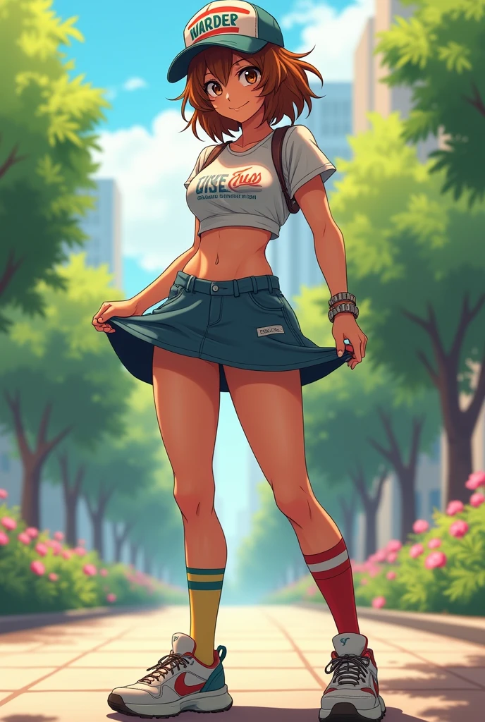 A realistic tanned tomboy waifu lifting her skirt