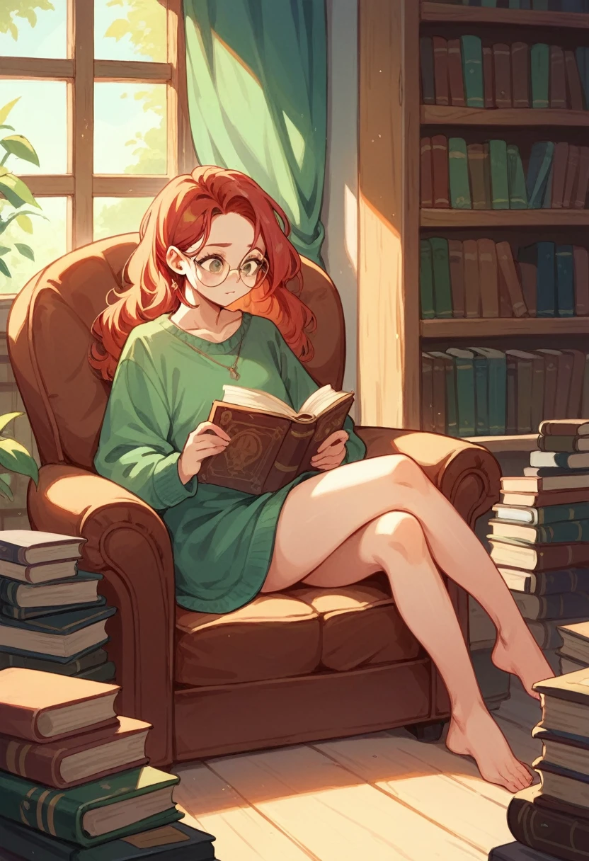 Red-haired girl in green clothes and round glasses, sitting in an armchair in the library against the backdrop of a bookshelf, book roots red, green, orange and brown colors, armchair is soft and comfortable, girl looks into a book, light evening, Season: autumn