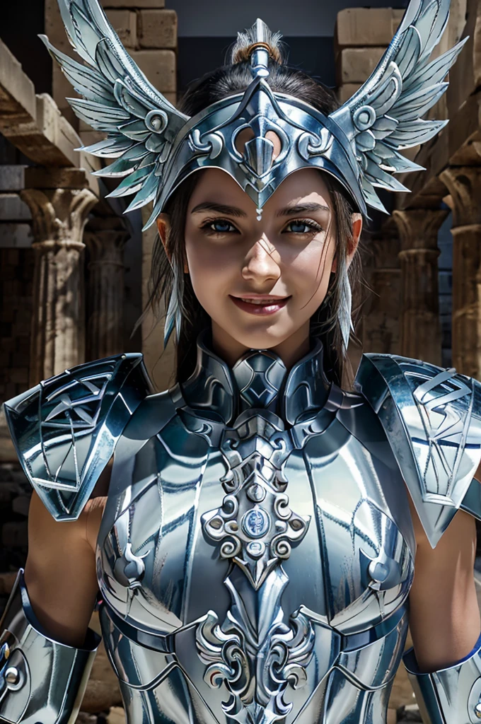 design, interior, interiordesign saint_cloth, Sacred_armor masterpiece, highest quality, (Highly detailed raw photos:1.2), 8K rendering on Octane, volume lighting, volume shadow、woman portrait, (Armor Reflection:1.2), smile, wing
((Realistic and highly detailed Greek ruins background))