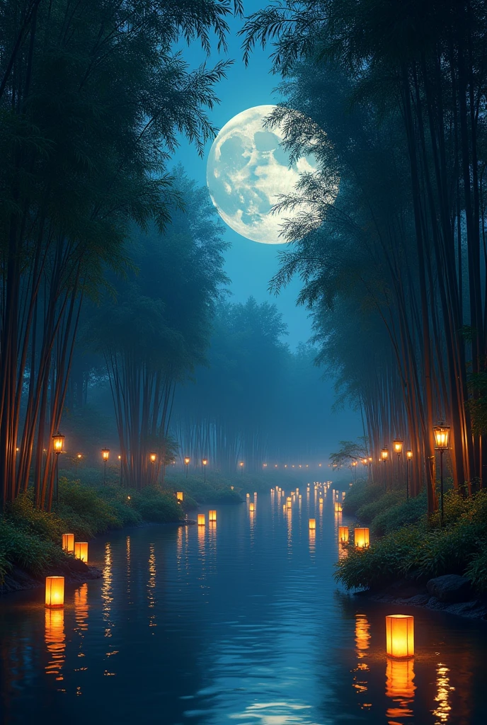 Create a realistic image with full resolution 8k cinematic quality of a serene, moonlit night by a tranquil waterway. The scene features tall bamboo trees lining both sides of the water, with a large, full moon casting a soft glow over everything. Floating lanterns drift on the water’s surface and hang from the bamboo trees, illuminating the scene with a warm, inviting light. The water reflects the lanterns and the moon, creating a harmonious and peaceful atmosphere. The image should have a deep sense of depth, with the distant horizon visible under the moonlight. The colors should be cool blues and greens with warm tones from the lanterns. The composition should follow the golden ratio for visual harmony, and the focus should be sharp on the nearest elements, gradually blurring the distant background.