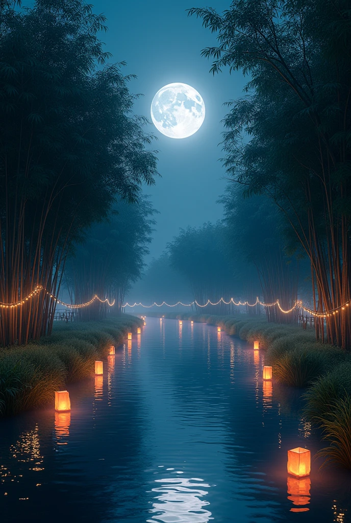 Create a realistic image with full resolution 8k cinematic quality of a serene, moonlit night by a tranquil waterway. The scene features tall bamboo trees lining both sides of the water, with a large, full moon casting a soft glow over everything. Floating lanterns drift on the water’s surface and hang from the bamboo trees, illuminating the scene with a warm, inviting light. The water reflects the lanterns and the moon, creating a harmonious and peaceful atmosphere. The image should have a deep sense of depth, with the distant horizon visible under the moonlight. The colors should be cool blues and greens with warm tones from the lanterns. The composition should follow the golden ratio for visual harmony, and the focus should be sharp on the nearest elements, gradually blurring the distant background.