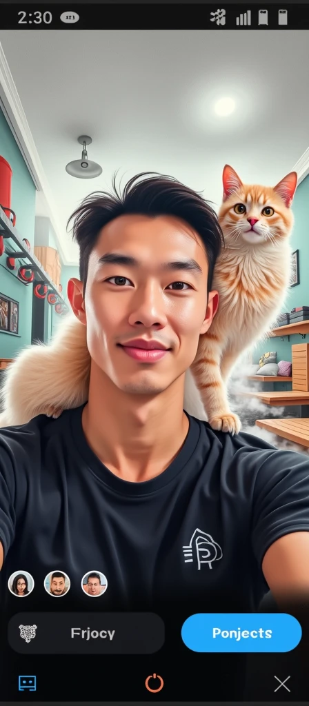 Créer 4 images à partir de l'image prompt. Le sujet doit être placé dans ces décors : salle de sport, selfie avec un chat, en jetpack, et dans un sauna. Le corps doit être athlétique mais naturel.