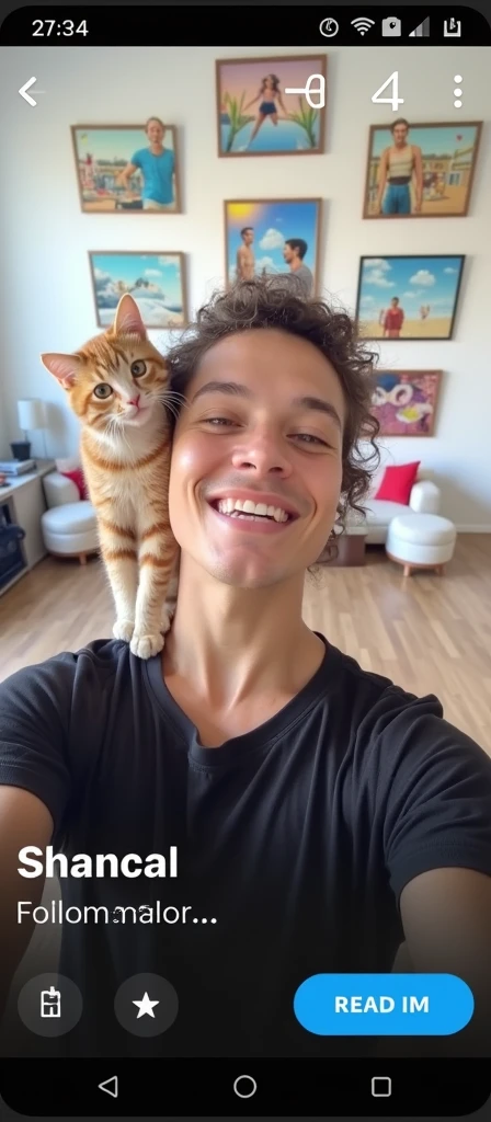 Créer 4 images à partir de l'image prompt. Le sujet doit être placé dans ces décors : salle de sport, selfie avec un chat, en jetpack, et dans un sauna. Le corps doit être athlétique mais naturel.