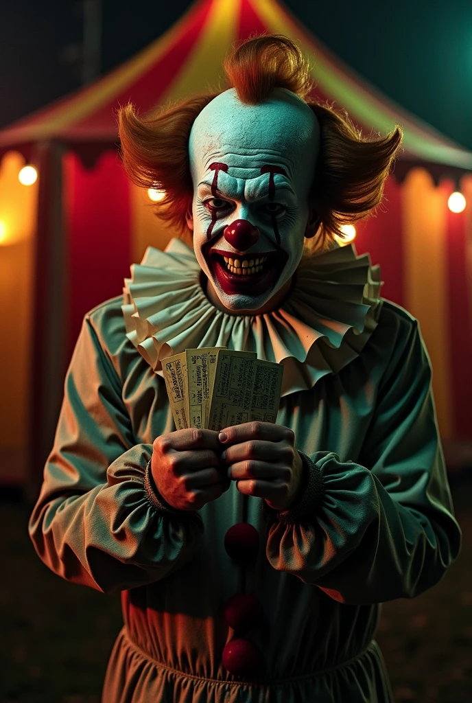 A 45-year-old man dressed as a scary clown, with smudged makeup, sharp teeth, blood splatters on his face, and blood-stained clown clothes, holding tickets in his hand, with a sad expression