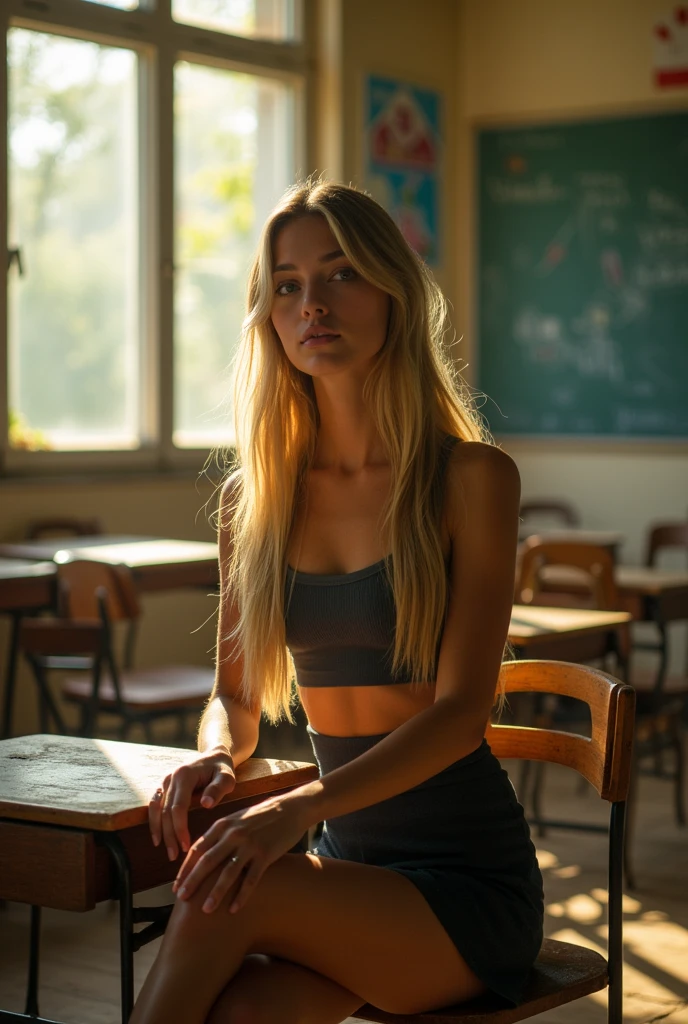 beatiful 18 year old blond woman with straight hair sitting in an empty classroom wearing a skirt and a crop top