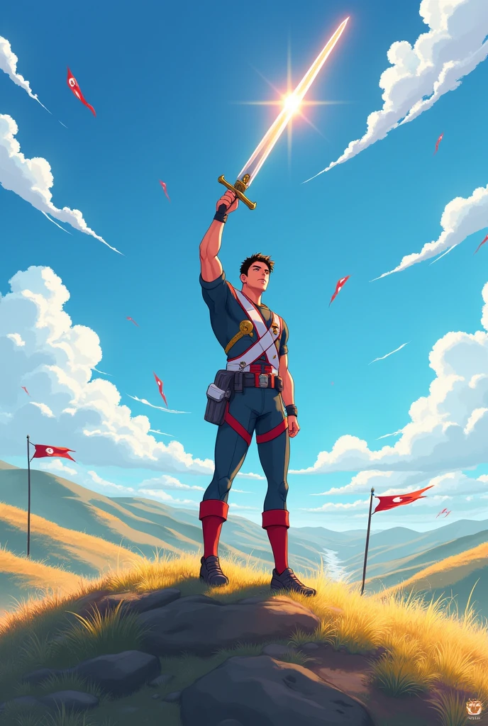 A patriotic soldier raising his sword in a sign of victory. anime style