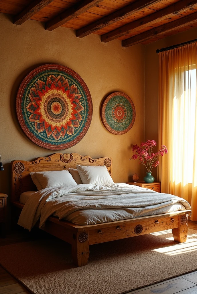 Could you create a rustic Dodecahedron bed inside a room?, with mandalas behind the bed