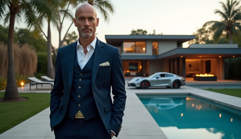 A charismatic young bald wizard, dark blue suit dress with traces of a magician's attire, with jewelry and dollars coming out of his pocket, is standing confidently. Next to you, two stunning women, dressed in sophisticated and minimalist clothes, super sexy, representing wealth and attraction. Ao fundo, a large ultra-modern house with an impeccable garden and a swimming pool. High-end sports cars, like a Porsche and an Aston Martin, are highlighted, highlighting a life of wealth and luxury. The scene captures the essence of magical opulence and financial success., with each element emphasizing ultra-royal wealth and prestige, money, wealth, might, dollars, gold