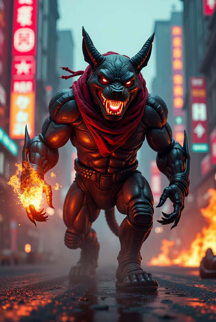(Masterpiece:1.2),(Highest quality),(Superb details),(Ultra high resolution),(best illustrations)Highly detailed,film,cinema,gentle,realistic,gentle,Masterpiece,wound,wound,bleeding,Cyborg,CyberPunk Demon Bulldog, strong, humanoid shaped,aggressive,Krosh Hok Hak,Powerful,strong,Red scarf with black pattern,Big muscles,6-pack,wound,wound,bleeding,weapon,Dynamic Action Firehand,Mouth shouts,angry