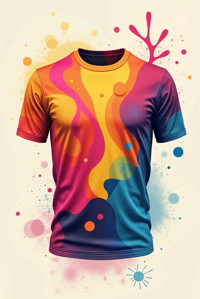 A T-shirt with A splash of colorful, abstract shapes with no specific theme, just pure artistry  print on front 