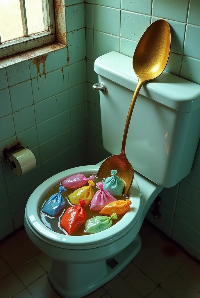Collection with a fecal spoon that are in a plastic bag that is in the toilet