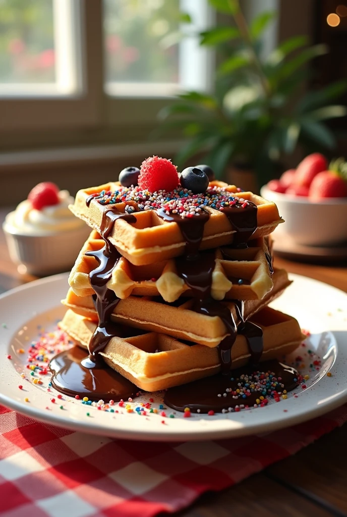 Waffles with chocolate sauce and colorful sprinkles