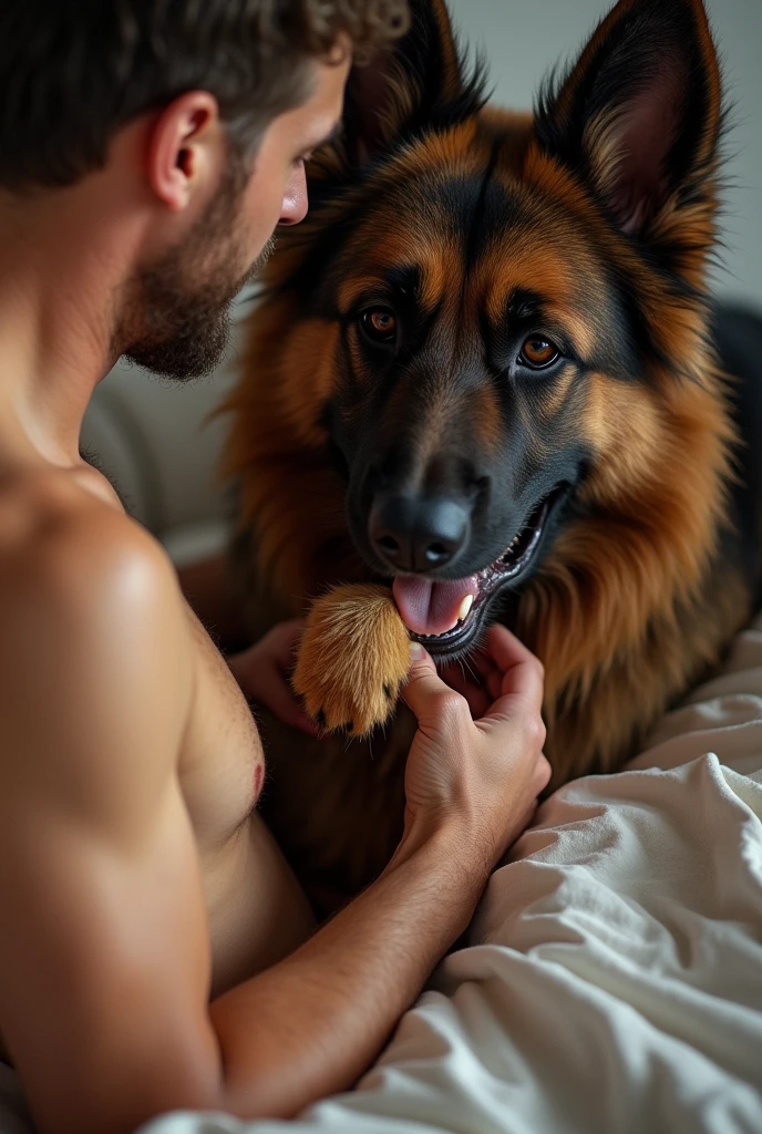 Wild dog, furry owner, two males, visible genitals, furry owner pleasuring the dog, canine penis, dog lifting butt up and owner fucking it, wild dog moaning, owner fucking, cum, dog drooling with pleasure, in bed, dog whining, german shepherd,