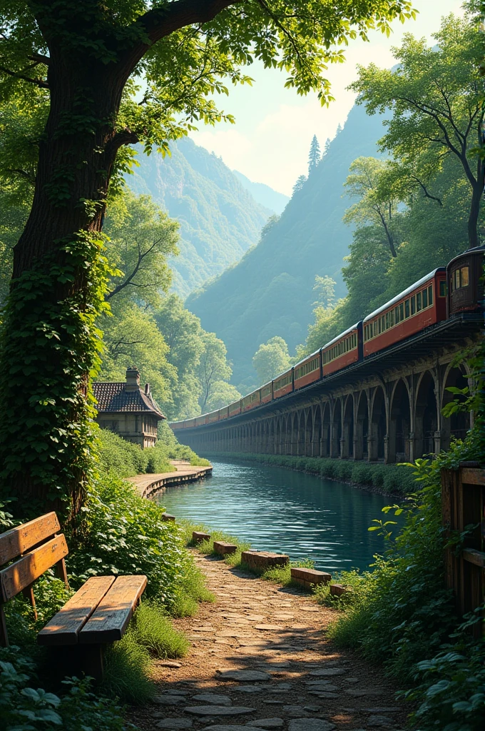 A train station located near a reservoir covered by a thick layer of greenery