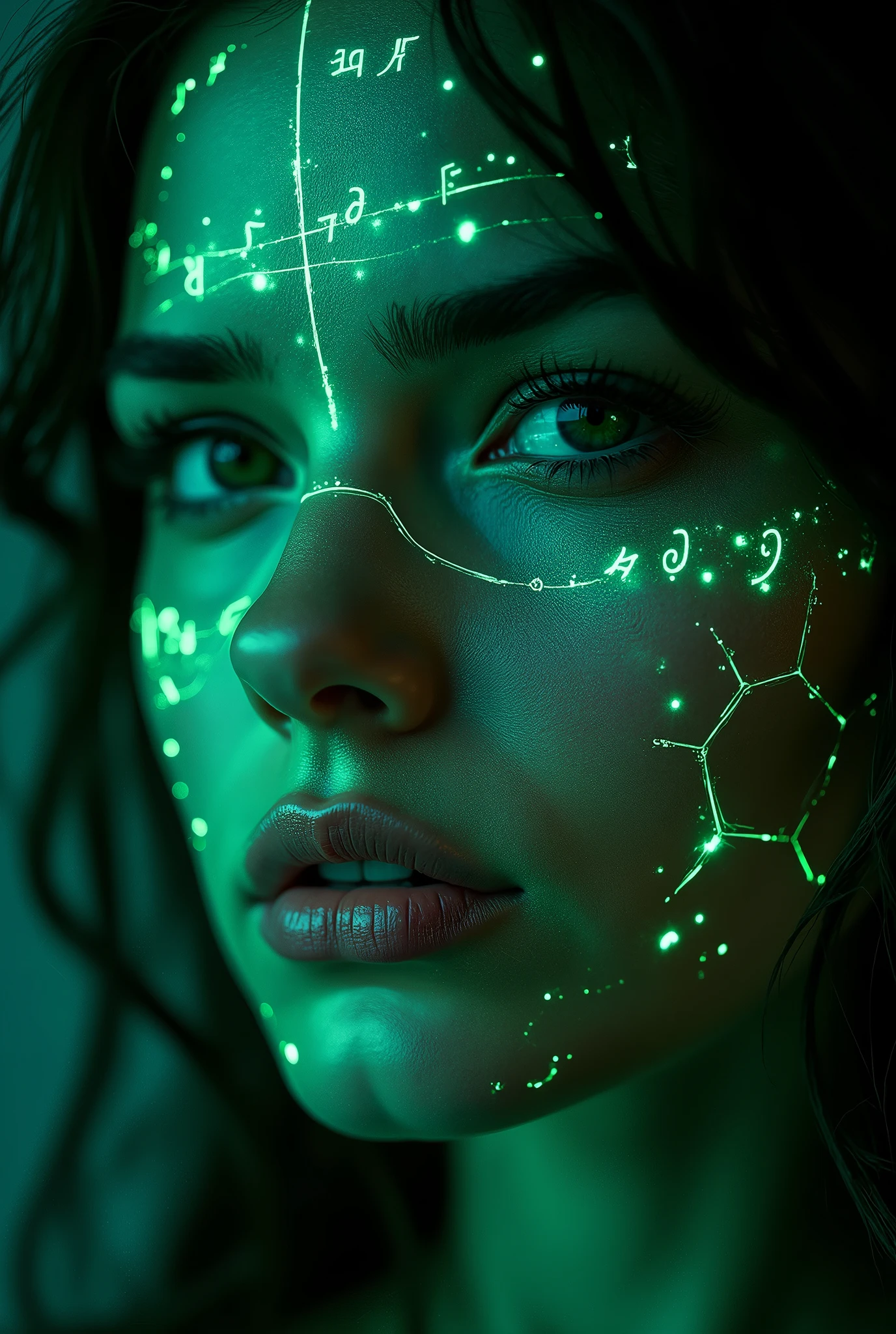 Close-up of woman's face, glowing green holographic equations projected onto skin. Intense gaze, realistic features. Dark background, cyberpunk aesthetic. Luminous mathematical formulas, handwritten style. Futuristic, high-tech atmosphere. Photorealistic rendering, dramatic lighting, sharp contrast
