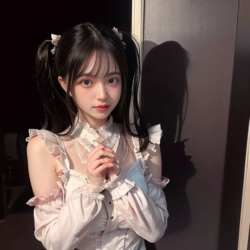 best quality, Delicate face,beautiful visual work, lifelike, eternity, black hair, Smile, Detailed Background, Delicate face,blush,cold,((masterpiece))、(top quality)、8k、high detail、Super detailed,31-year-old female, masterpiece、born、Scenes resembling fairy tale illustrations、intricate details和複雜的設計、Beautifully、magic、capricious、 Beautifully、Dream aesthetics、「𝓡𝓸𝓶𝓪𝓷𝓽𝓲𝓬、ethereal、charming、fickle、magic」、realism、Visual effects、FXAA、SSAO、Shader、voiceless、ambient lighting、Tone mapping、High resolution、Ultra high quality、Million pixels、(8K resolution:1.10)、8k、8k以下、8K resolution、high detail、intricate details, (high quality:1.2、masterpiece:1.2、:1.21)、(31-year-old female:1.21)、(興奮地Smile)、(Surrounded by a dreamy atmosphere、full-body shot,Normal 2 feet,Put your hands behind you, Large Breasts, H cup chest,Twin tails tied with a bow。full body view