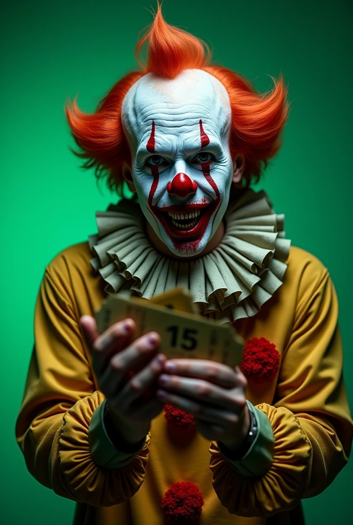 A 45-year-old man dressed as a scary clown, with smudged makeup, sharp teeth, blood splatters on his face, and blood-stained clown clothes, holding tickets in his hand, with a sad expression, against a green chroma key background