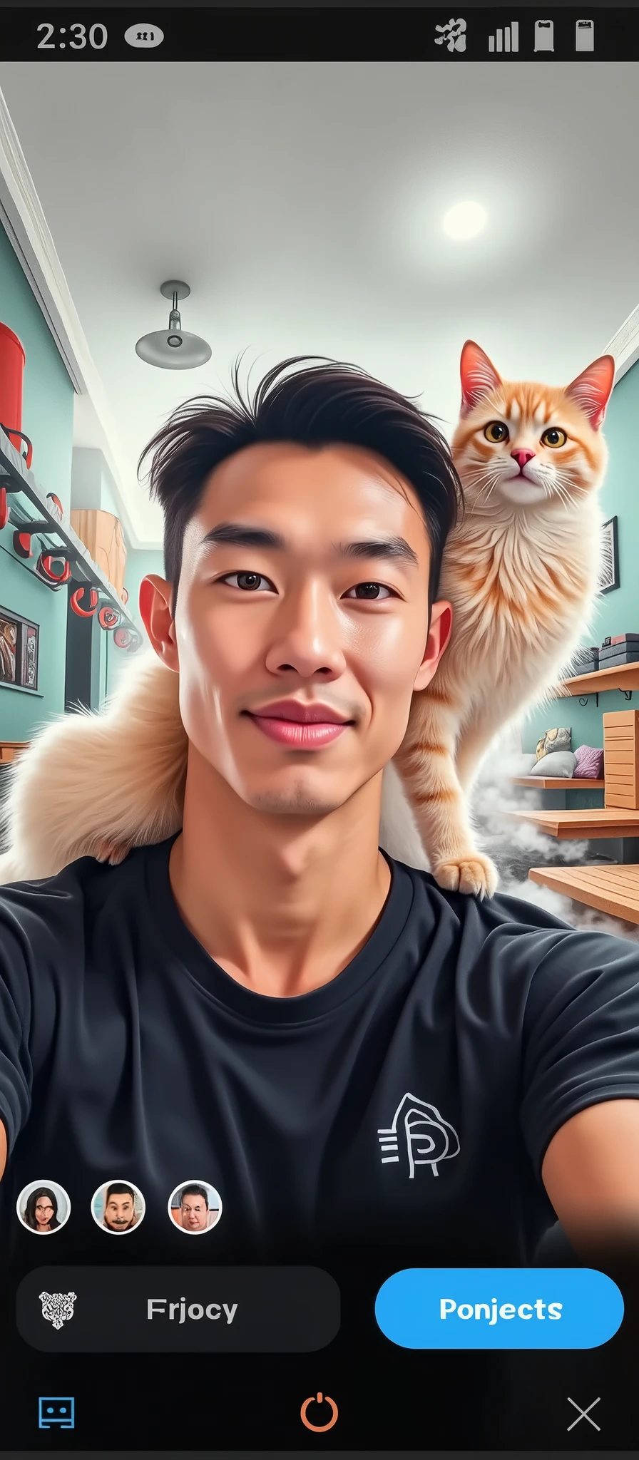 Créer 4 images à partir de l'image prompt. Le sujet doit être placé dans ces décors : salle de sport, selfie avec un chat, en jetpack, et dans un sauna. Le corps doit être athlétique mais naturel.