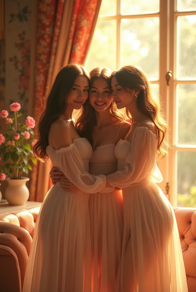 Make an image from an animation, of a room with 3 girls, 22 year old, topless, wearing string, chiffon sleeves, chiffon skirt, hugging, se carressant les seins, représentant les trois graces,