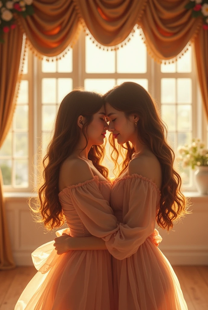 Make an image from an animation, of a room with 3 girls, 22 year old, topless, wearing string, chiffon sleeves, chiffon skirt, hugging, se carressant , représentant les trois graces, 