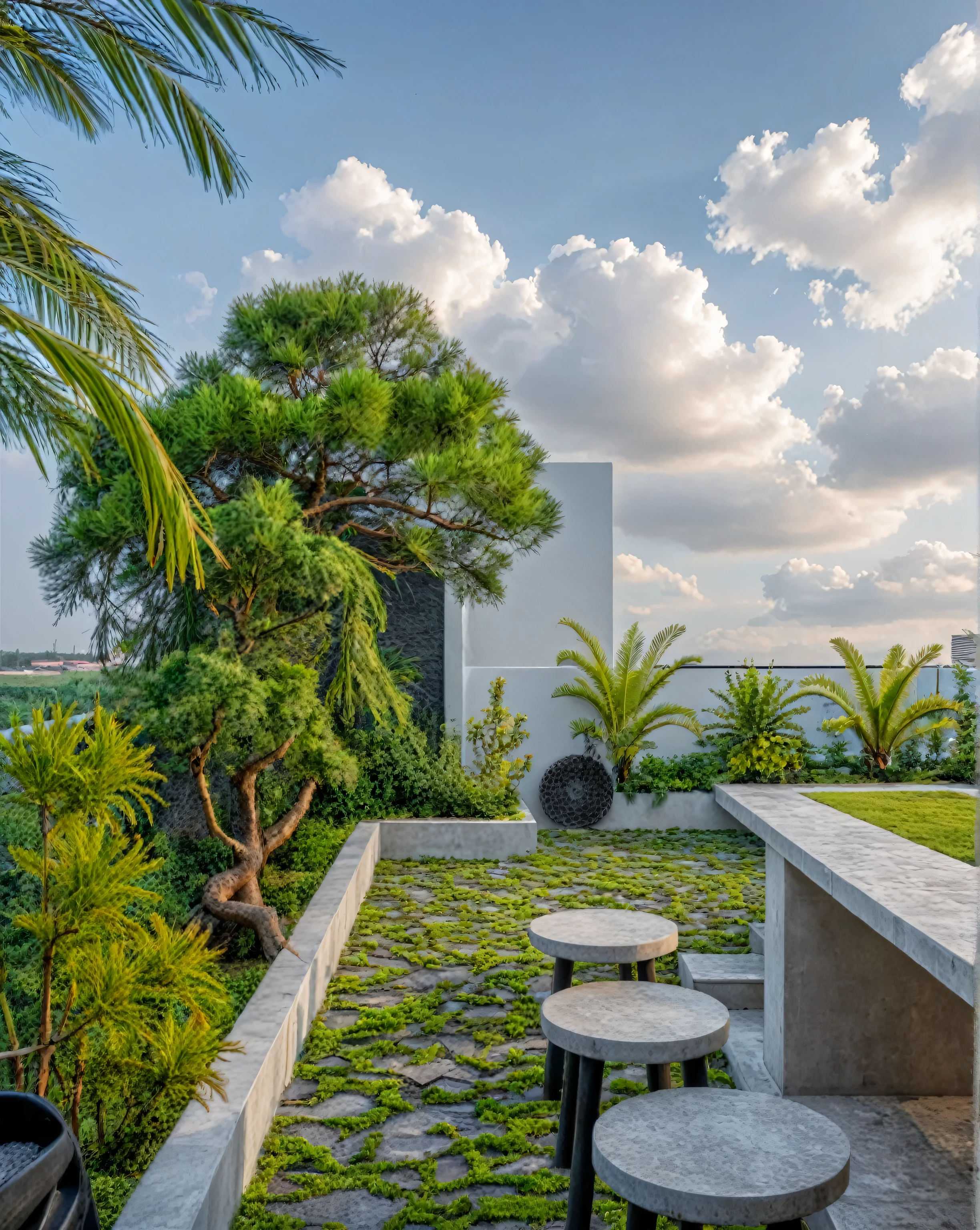 RAW PHOTO, Masterpiece, high quality, best quality, authentic, super detail, outdoors, onestoreyvillaXL, aiaigroup, house style modern on the street ,stairs, white wall ,road,pavement, grass, trees, sky, cloud, (daylight:1.1),the surrounding scenery for my rooftop garden.background, japanist,
