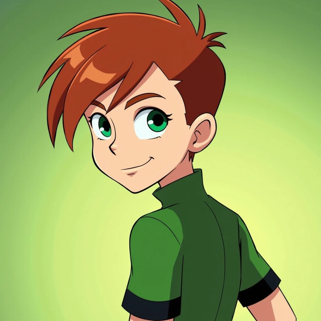 Gwen Tennyson from the Ben 10 cartoon has green eyes, red hair, and a big butt.