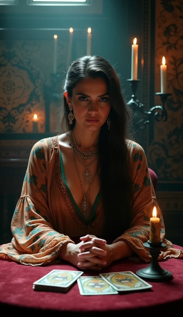 a fortune teller, with cards under the table, she is sitting at the fortune teller's table looking directly at the camera realistic image, with high 8k quality