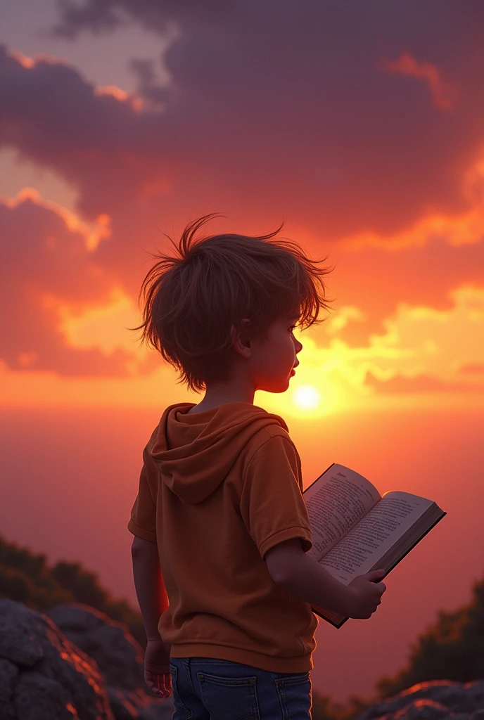 a boy, light-brown hair,contemplative expression, The Outsiders, back to the camera, book , sunset, symbolizing the beauty and hope