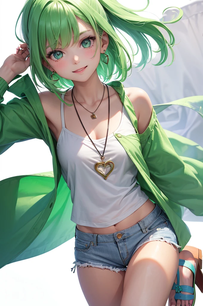 Best Quality,High resolution,8k,(plain white background, no patterns, no textures, just a plain white background:1.3),Masterpiece:1.2),beautiful girl,Shiny green hair,messy hair,Green Eyes,A girl in a bright, oversized graphic tee or tank top with a cheerful design, paired with high-waisted shorts in a light, colorful cotton fabric with a subtle pattern. She is wearing casual sneakers with a pop of color or simple yet stylish sandals. Accessories include a playful pendant necklace and colorful stud earrings,Gentle look,A refreshing look,smile,Best quality,Best Quality,Aesthetic and aesthetic:1.2,Best details((Super detailed))(High-definition CG illustrations),Slender body,smile,blush,cute,Scrounge,Looking up,Being spoiled,super model