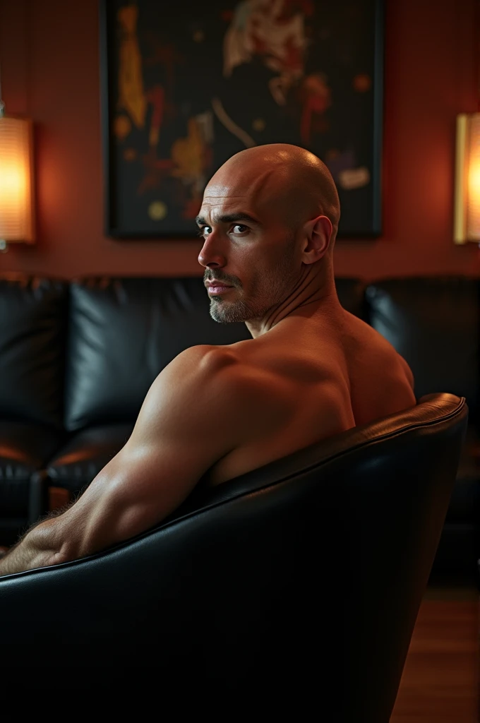 Rolf (39) nearly bald, averagely beautiful, cute butt, huge penis, Sitting on a black leather chair